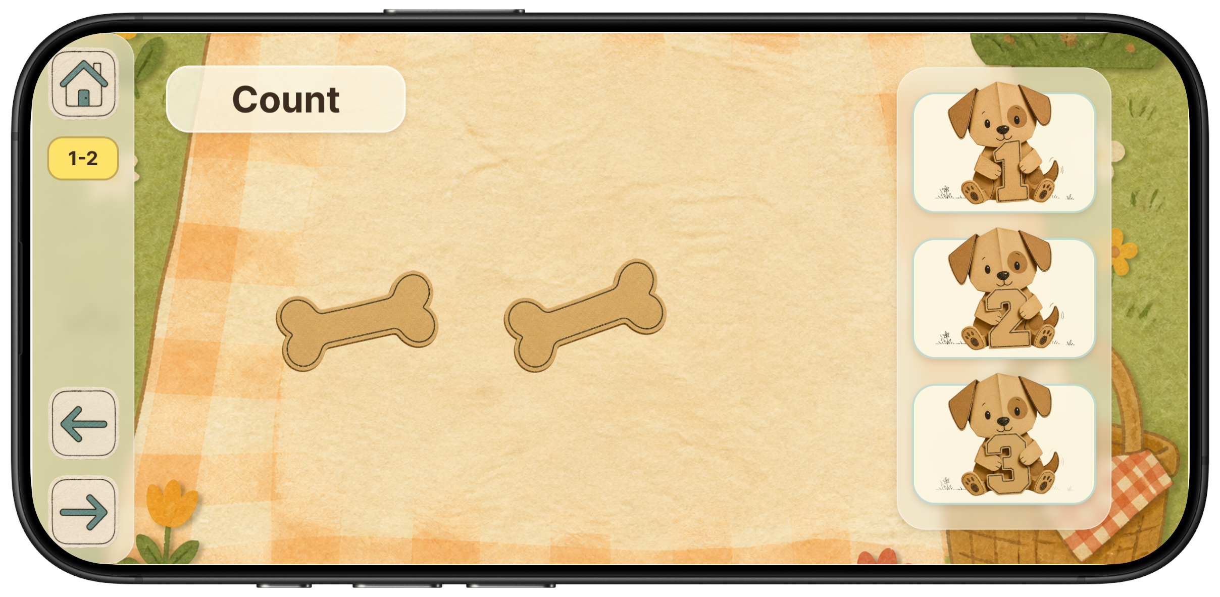Toddy Games: Numbers planned gameplay screen showing a count activity with bones and number choices.