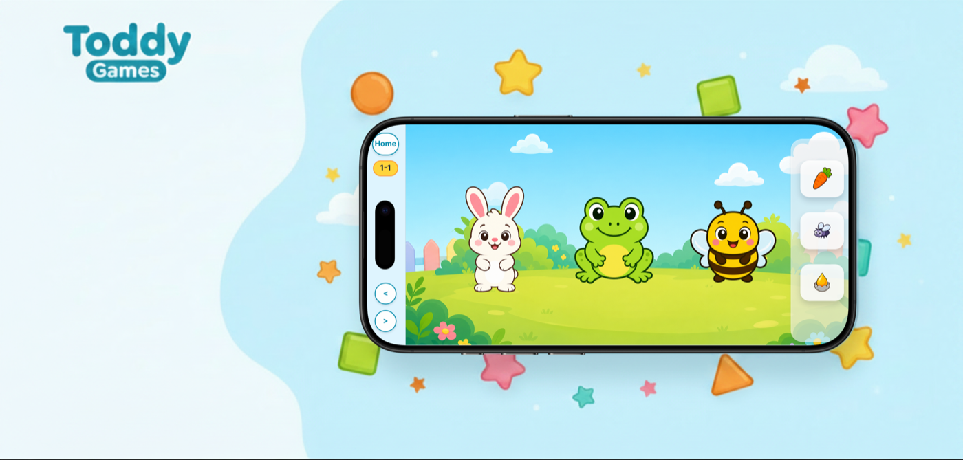 Toddy Games: Puzzle app preview with colorful matching activities.